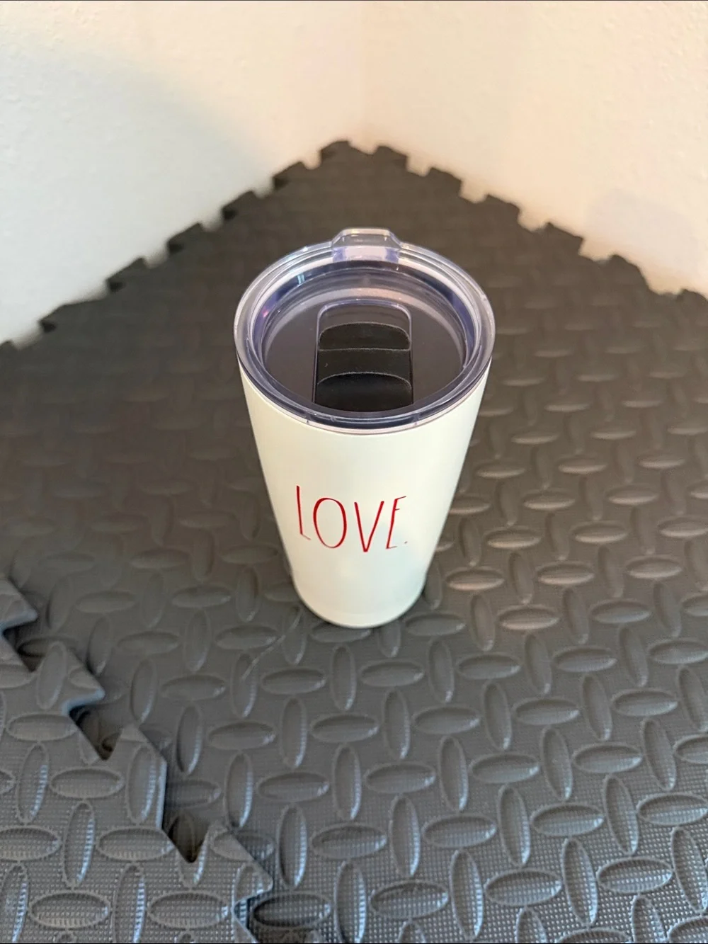 Rae Dunn White Travel Tumbler with Red LOVE Lettering and Clear Lid